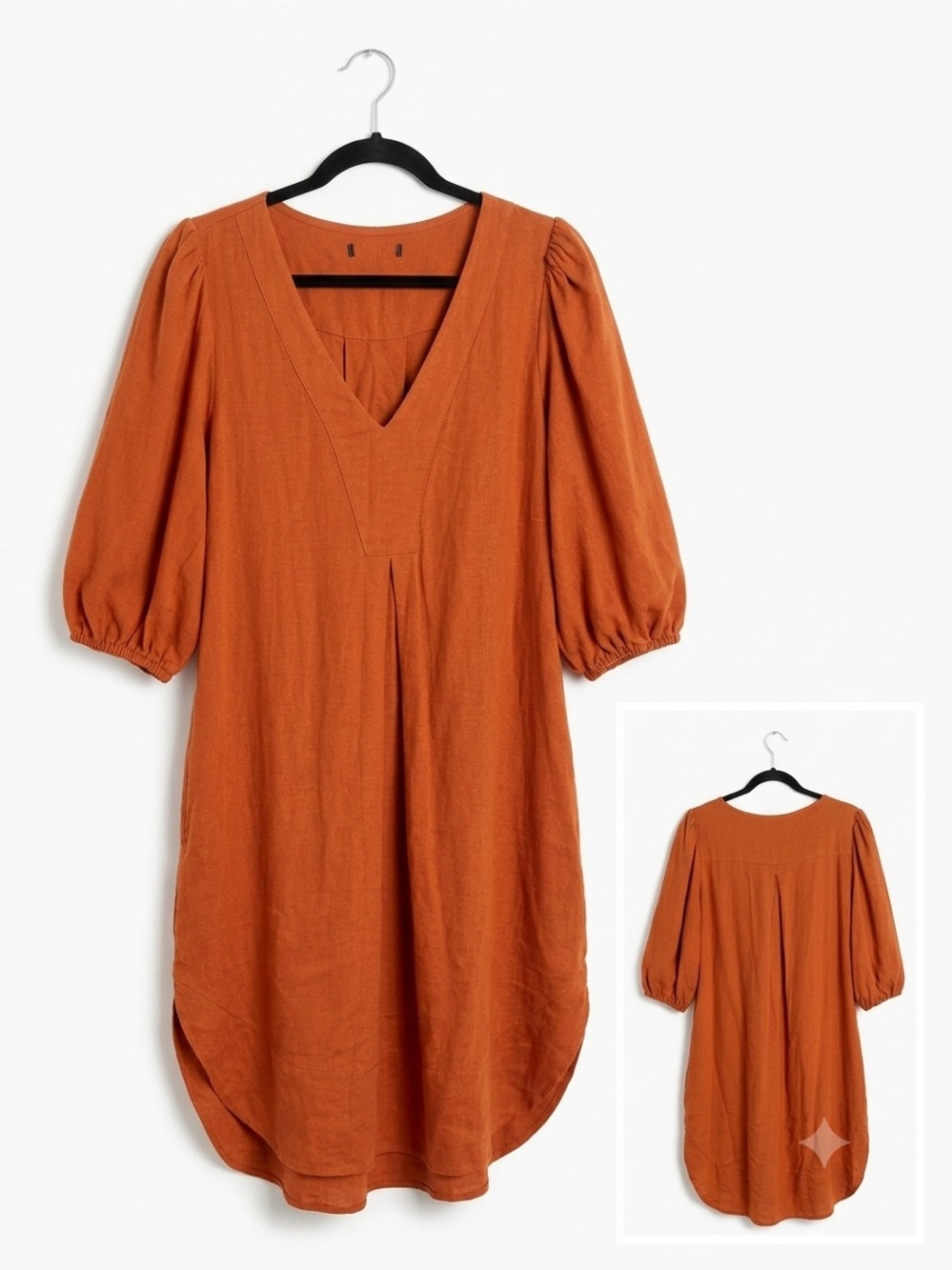 Rust Orange V-Neck Puff Sleeve Linen/viscose Dress
